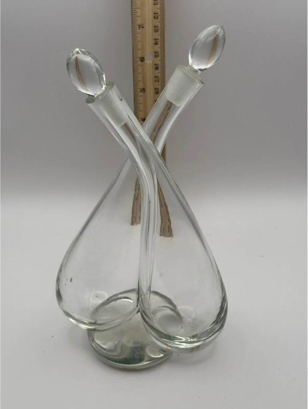 Vintage Hand Blown Glass Cruet Oil & Vinegar Set w/ Ground Stoppers Clear